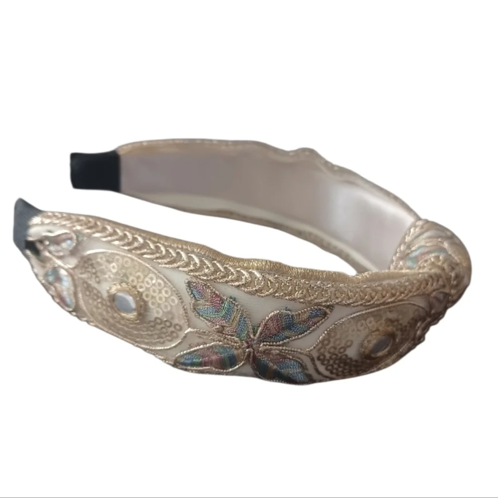 Embroidered Padded Headband – Gold & Champagne Brand New